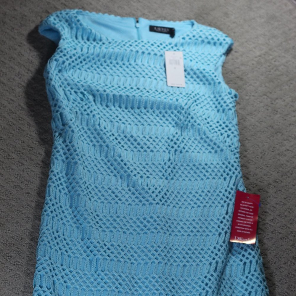 NWT LRL Size 8 Lattice Lace Cap Sleeve Dress, Bright Aqua Blue